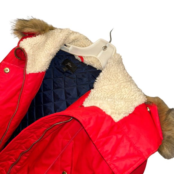 j. Crew HOLIDAY fall winter red faux fur hood anorak jacket XXS - Picture 3 of 4